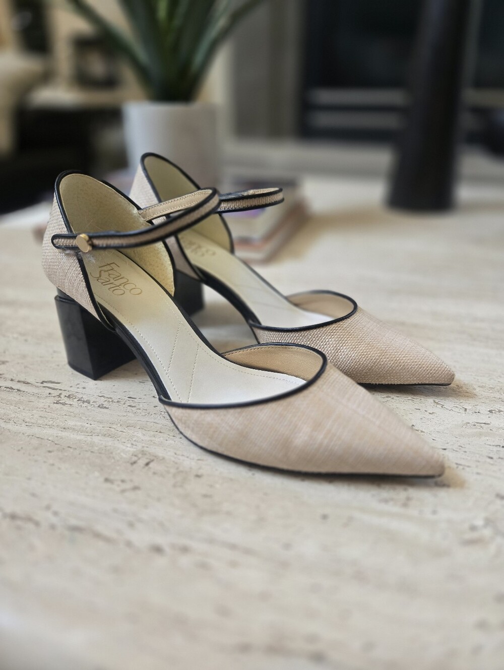 Franco Sarto LILAH Beige Pointed Toe Ankle Strap Block Heels - Picture 2 of 8